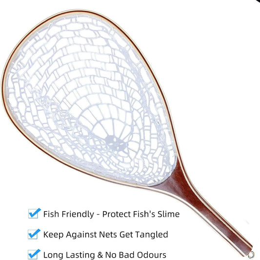 Fly Fishing Net with Soft Rubber Mesh, Wooden Handle for Freshwater, Saltwater Fishing, Catch and Release