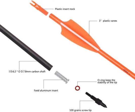 Carbon Hunting Arrows Spine 500 with 100 Grain with Screw Tips. Green/Orange, Arrows for Compound Bows 28 "