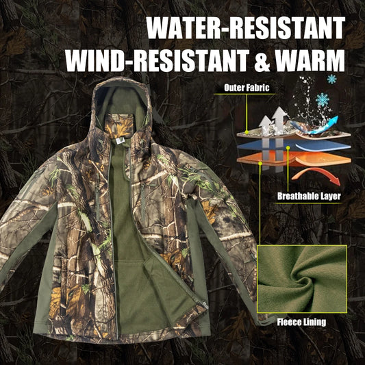 Hunting Clothes with Fleece Lining, Safety Strap Compatible, Water-Resistant, Silent Hunting Jacket and Pants.