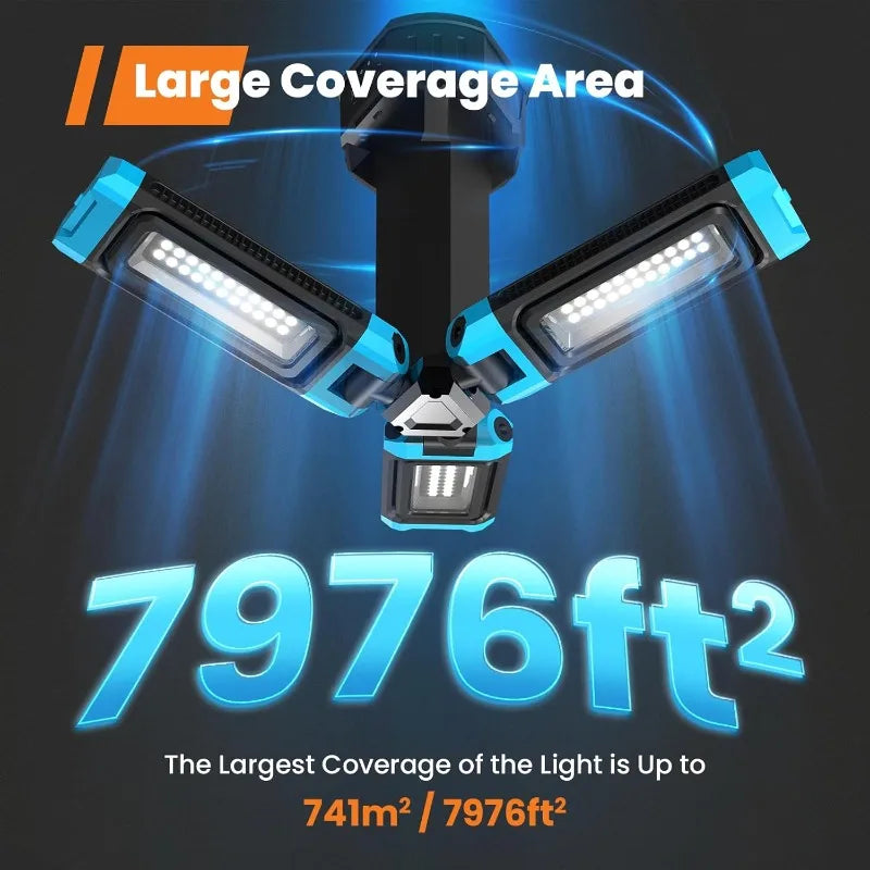 Work Light with Stand, 67'' Rechargeable Cordless Work Light with Triple LED Lamps, 1200/2500/5000 Lumen