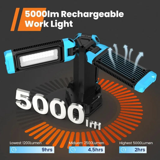Work Light with Stand, 67'' Rechargeable Cordless Work Light with Triple LED Lamps, 1200/2500/5000 Lumen