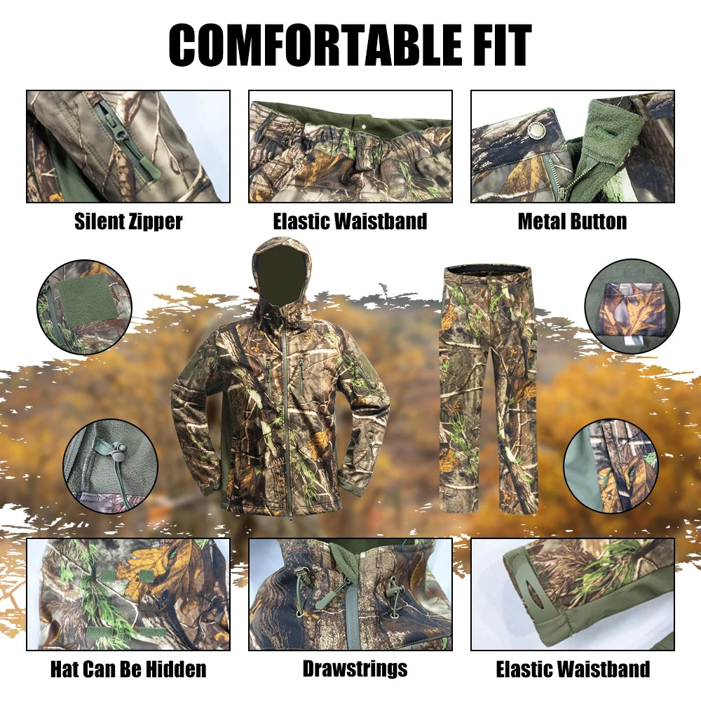 Hunting Clothes with Fleece Lining, Safety Strap Compatible, Water-Resistant, Silent Hunting Jacket and Pants.