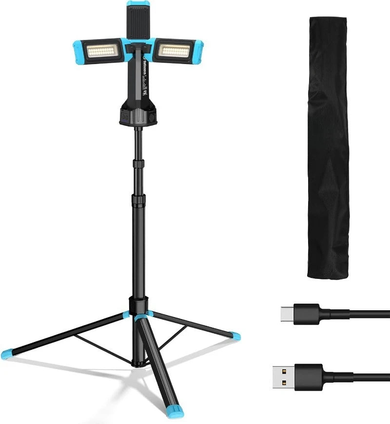 Work Light with Stand, 67'' Rechargeable Cordless Work Light with Triple LED Lamps, 1200/2500/5000 Lumen