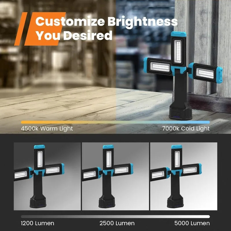Work Light with Stand, 67'' Rechargeable Cordless Work Light with Triple LED Lamps, 1200/2500/5000 Lumen