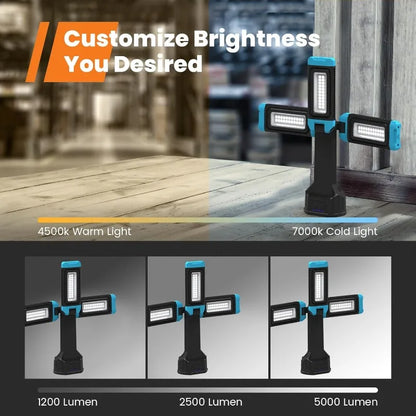 Work Light with Stand, 67'' Rechargeable Cordless Work Light with Triple LED Lamps, 1200/2500/5000 Lumen