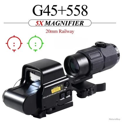 Hybrid 558 G45 Viewfinder、Green Red Dot Holographic Collimato Optic Sight G45 5X Magnifier|20mm Rail Mounts&QD Lever No battery