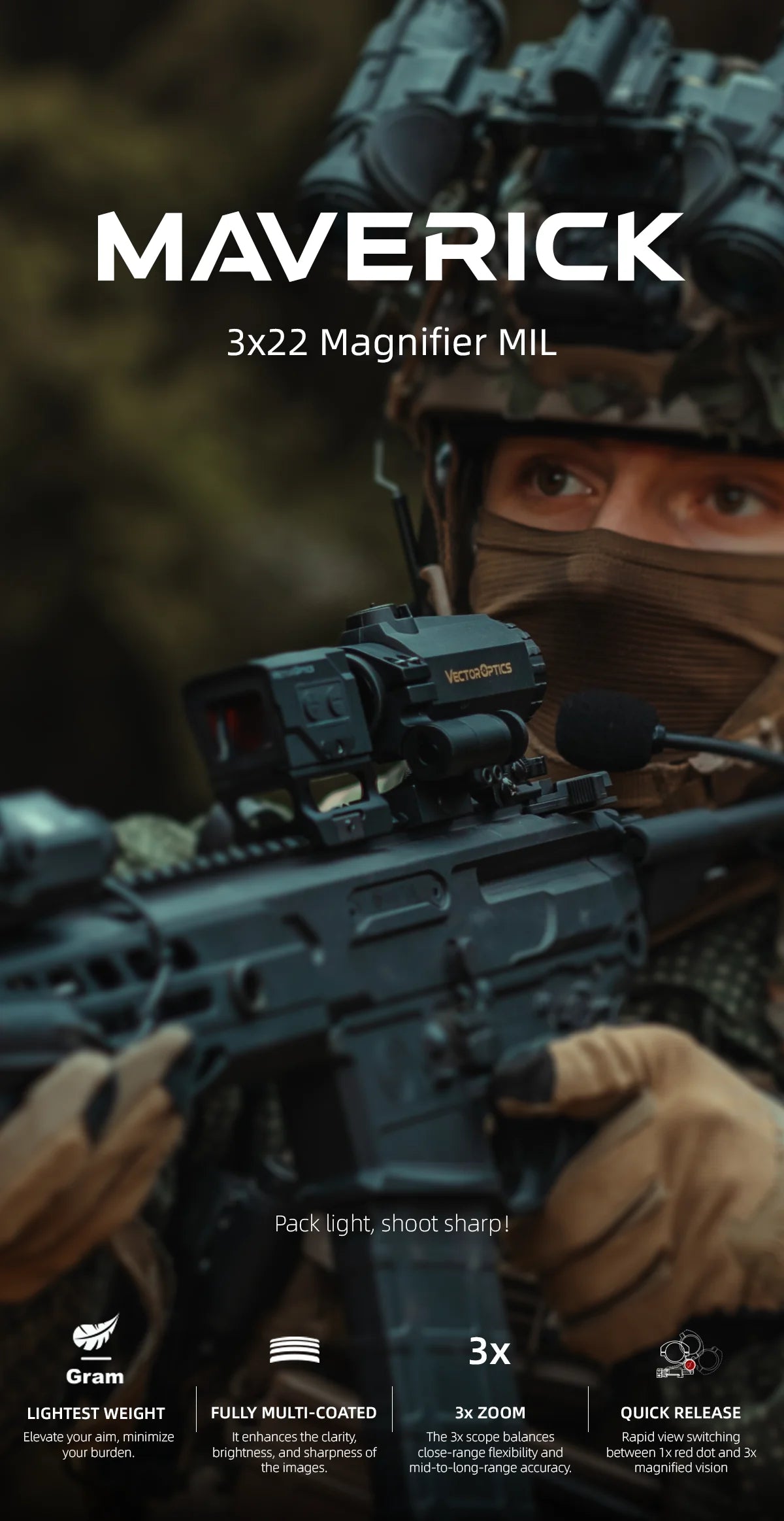 Maverick-III 3x22 Magnifier with Rubber Armed, Red Dot Scope Sight, AR 15