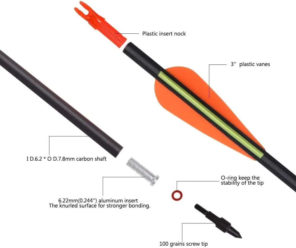 Carbon Hunting Arrows with 100 Grain with Tips.