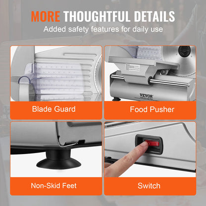 Meat Slicer Electric Deli Food Slicer SUS 420 Stainless Steel Blade and Blade Guard Adjustable Thickness