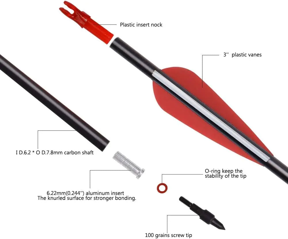 Arrows for Compound Bows, Carbon Hunting Arrows for Archery Spine 500 with 100 Grain Screw Tips 6/12PCS 26/28/30"