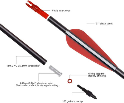 Arrows for Compound Bows, Carbon Hunting Arrows for Archery Spine 500 with 100 Grain Screw Tips 6/12PCS 26/28/30"
