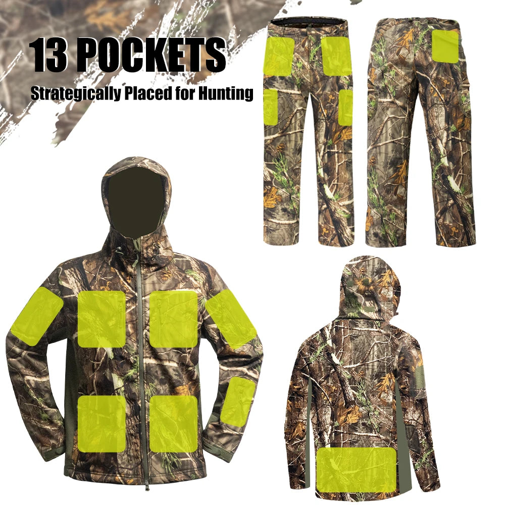 Hunting Clothes with Fleece Lining, Safety Strap Compatible, Water-Resistant, Silent Hunting Jacket and Pants.
