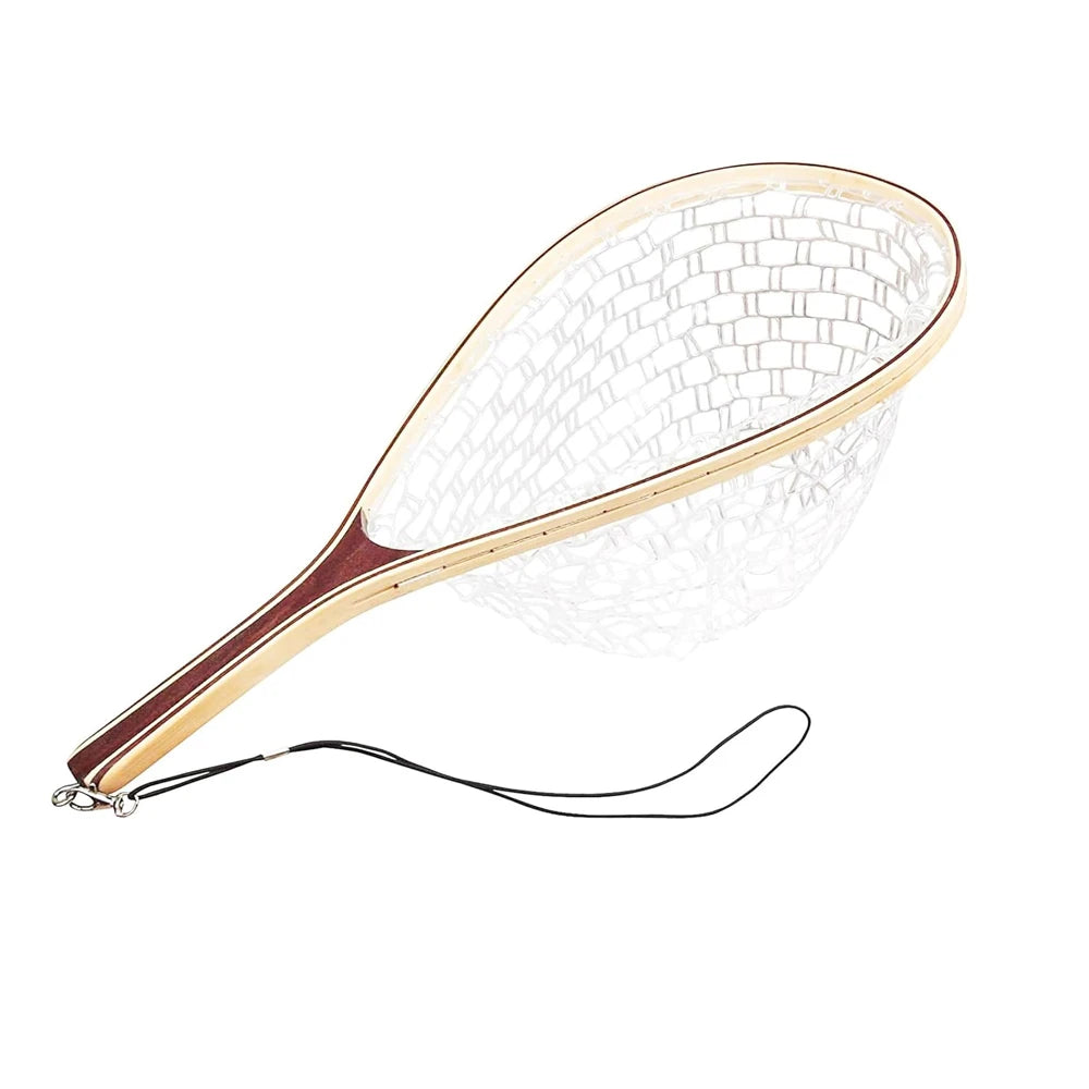 Fly Fishing Net with Soft Rubber Mesh, Wooden Handle for Freshwater, Saltwater Fishing, Catch and Release