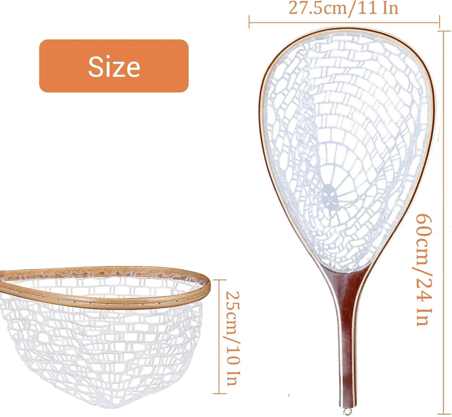 Fly Fishing Net with Soft Rubber Mesh, Wooden Handle for Freshwater, Saltwater Fishing, Catch and Release