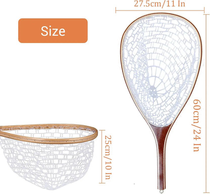 Fly Fishing Net with Soft Rubber Mesh, Wooden Handle for Freshwater, Saltwater Fishing, Catch and Release