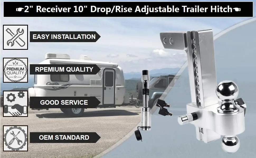 Adjustable Trailer Hitch for 2'' Receiver 10'' Drop Rise Tow Drop Hitch 12500LBS