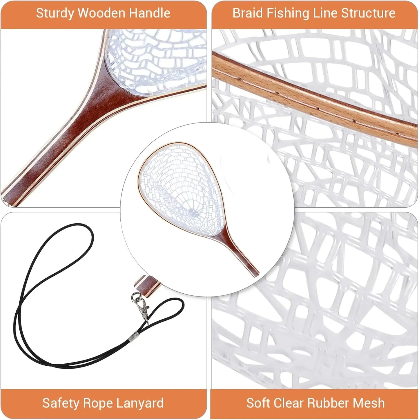 Fly Fishing Net with Soft Rubber Mesh, Wooden Handle for Freshwater, Saltwater Fishing, Catch and Release