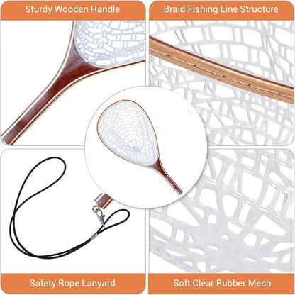 Fly Fishing Net with Soft Rubber Mesh, Wooden Handle for Freshwater, Saltwater Fishing, Catch and Release