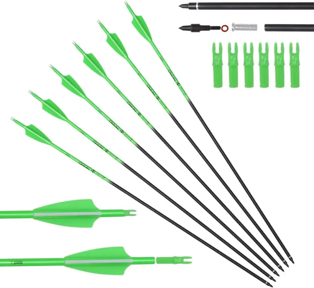 Carbon Hunting Arrows Spine 500 with 100 Grain with Screw Tips. Green/Orange, Arrows for Compound Bows 28 "