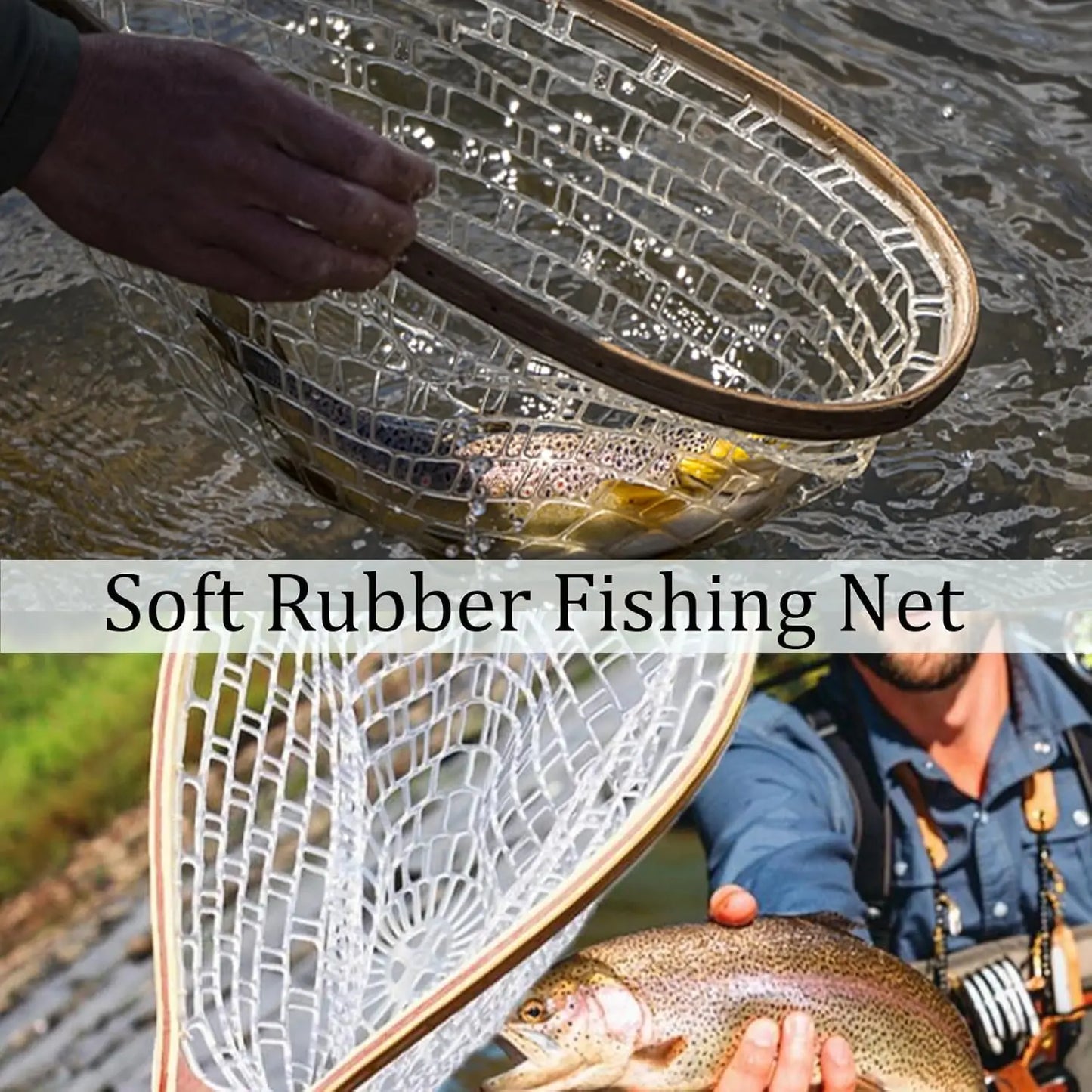 Fly Fishing Net with Soft Rubber Mesh, Wooden Handle for Freshwater, Saltwater Fishing, Catch and Release