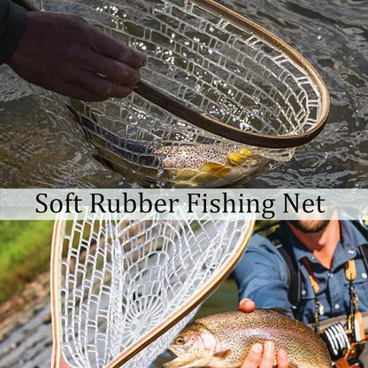 Fly Fishing Net with Soft Rubber Mesh, Wooden Handle for Freshwater, Saltwater Fishing, Catch and Release