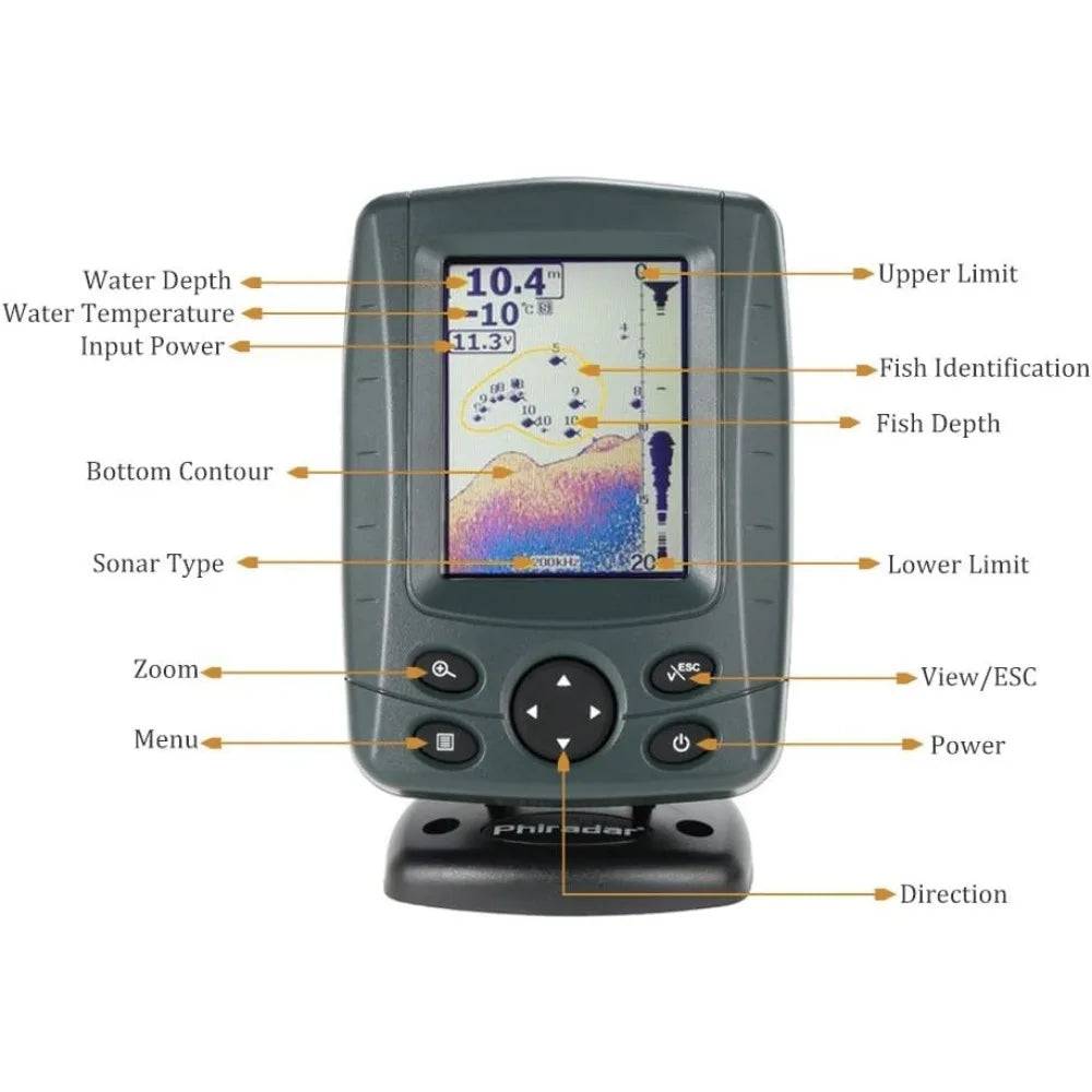 LCD Boat Fish Finder dual sonar frequency, multilingual autozoom detection.
