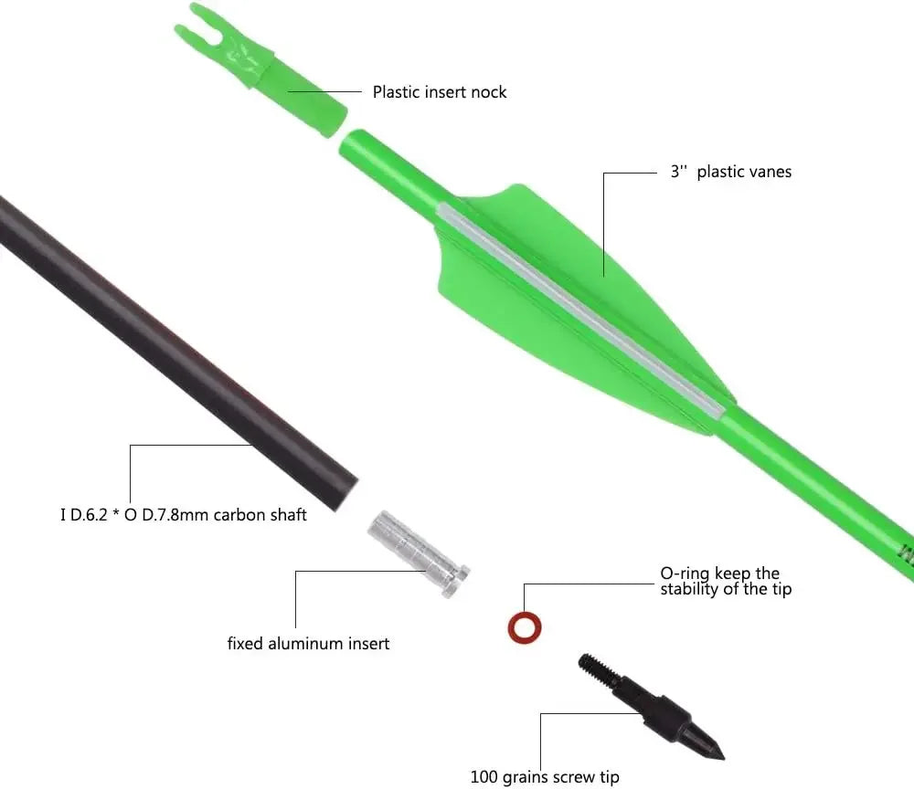 Carbon Hunting Arrows Spine 500 with 100 Grain with Screw Tips. Green/Orange, Arrows for Compound Bows 28 "