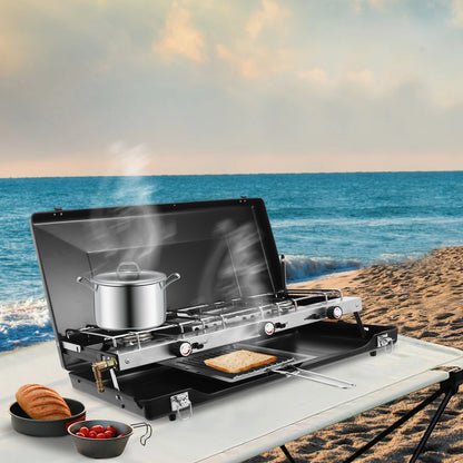 Portable Camping Stove with Griddle 3 Burner Propane Gas Stove